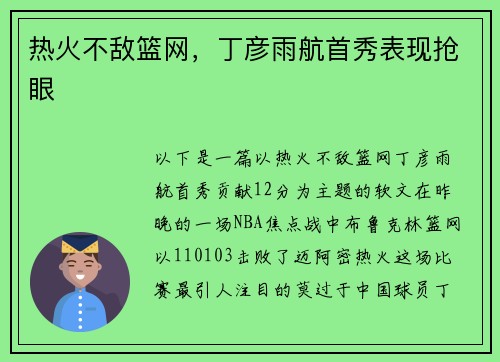 热火不敌篮网，丁彦雨航首秀表现抢眼